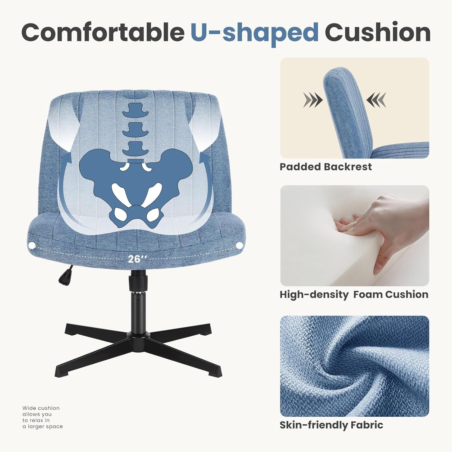 DUMOS Criss Cross Legged Chair Wide Comfy Home Office Desk Seat, No Wheels