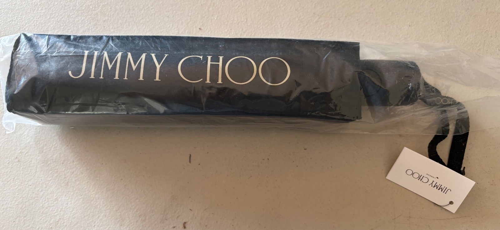 Jimmy Choo Folding Umbrella Black and Leopard Animal (Inside) Print-New w/Tags