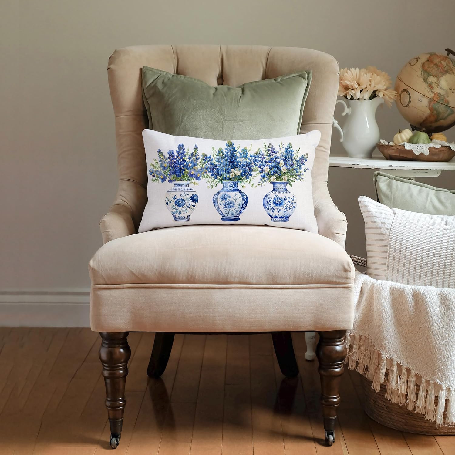 Bluebonnet Throw Pillow Cover 12x20 Inch Spring Blue Floral Chinoiserie Vase Pil