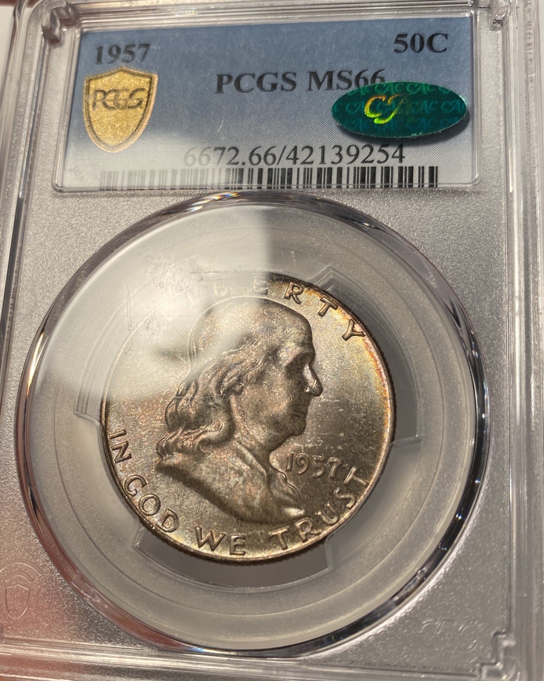 1957 Franklin Half Dollar PCGS MS66 CAC Mint Set Toning
