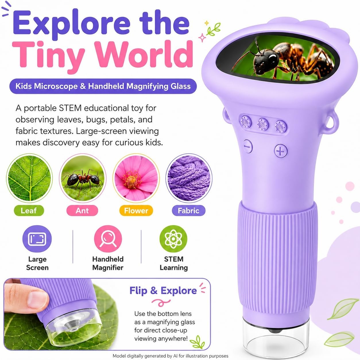 1000X Kids Microscope Handheld Camera, 2'' Screen Wonder Quest Microscope Camera