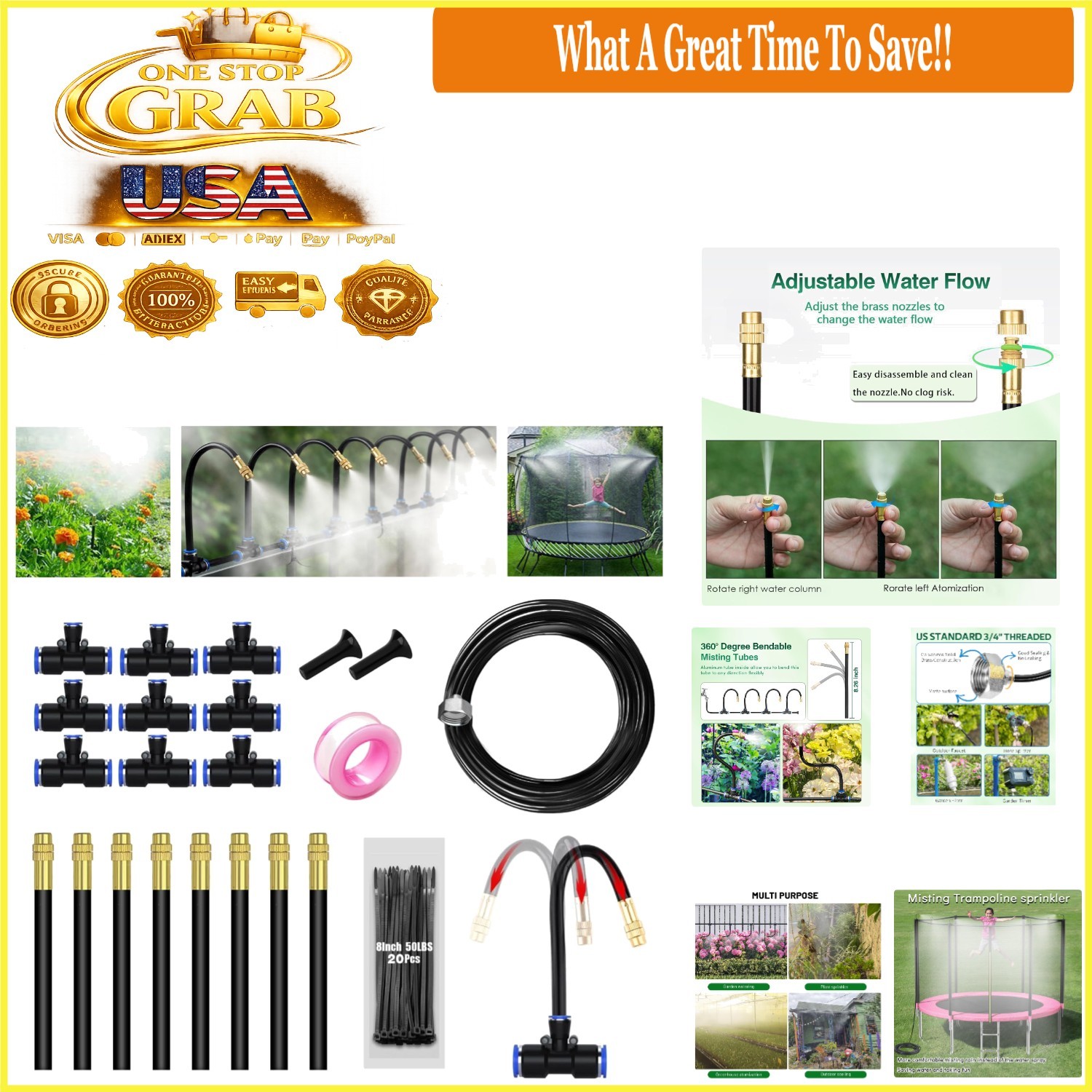Water Trampoline Sprinkler Kit 50Ft Adjustable Garden Irrigation System