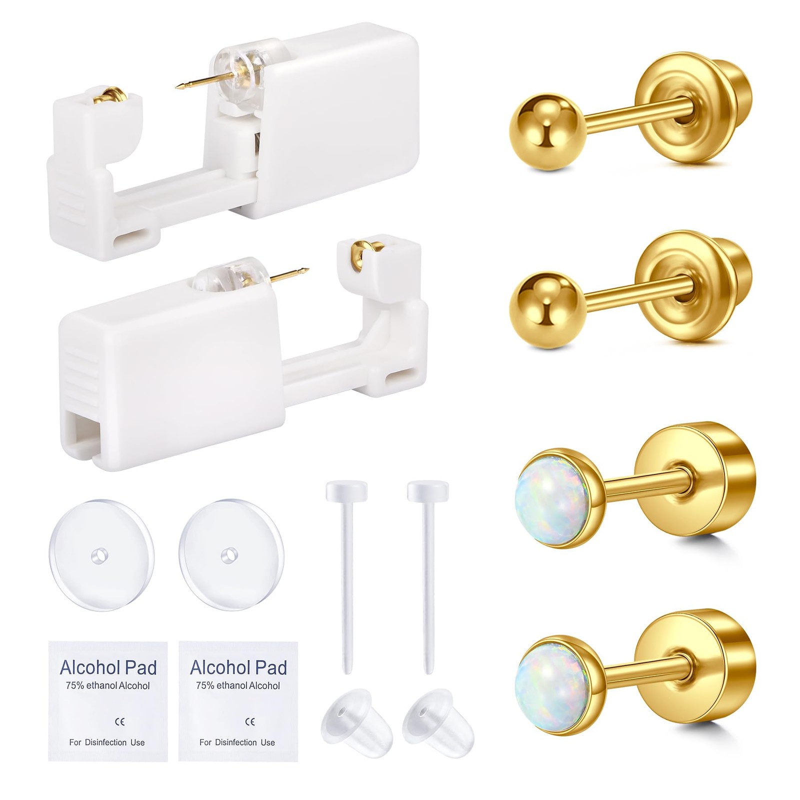 Gold Ear Piercing Gun Kit - Self Piercing Earrings with Opal Studs