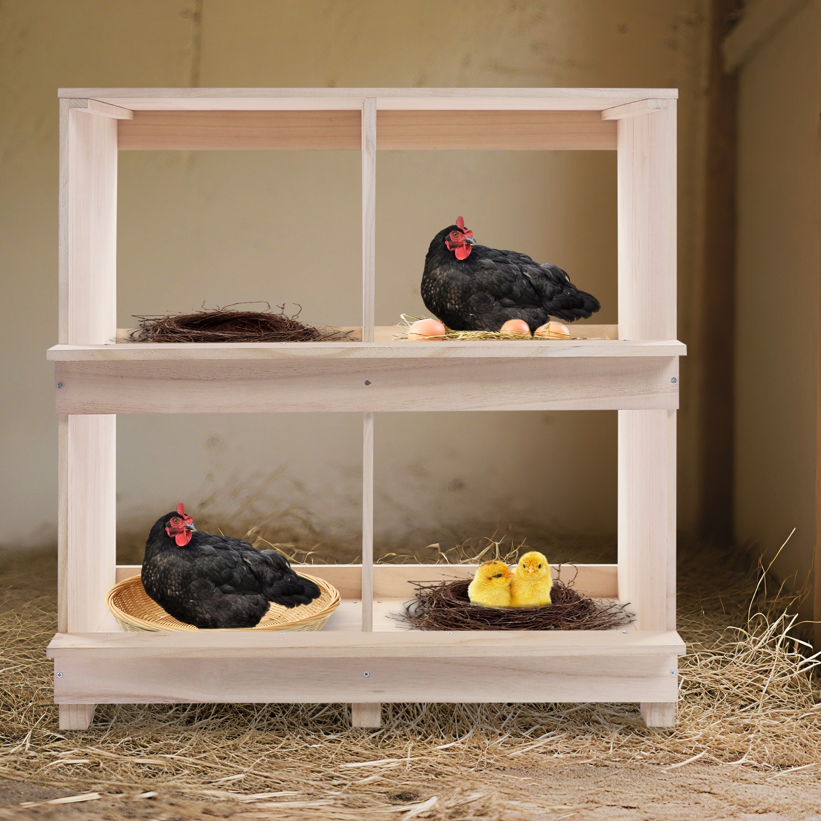 2 Tiers Chicken Laying Boxes 4 Hole Nesting Box Four Compartment Lay Case Farm
