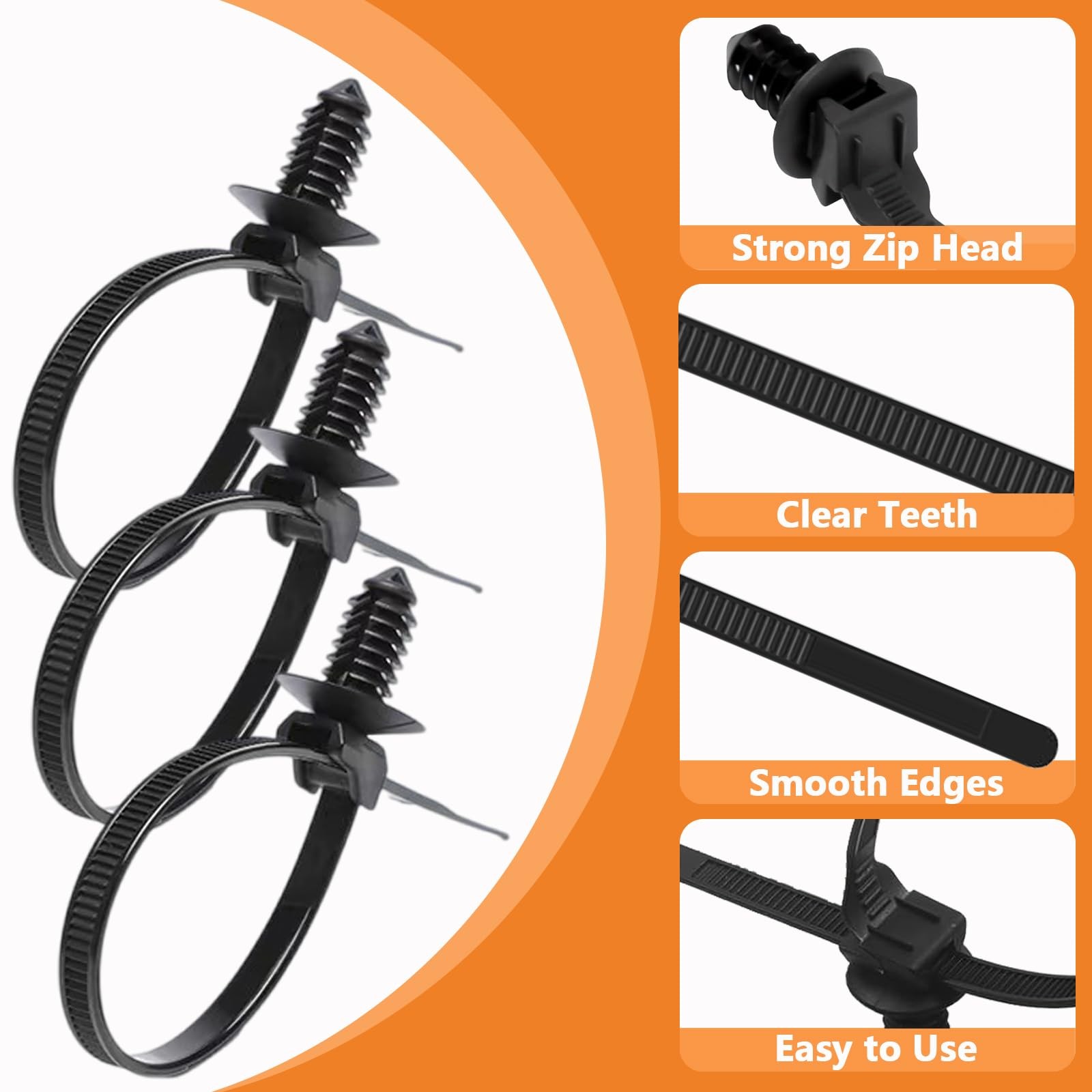 60Pcs Nylon Universal Cable Tie with Buckle Push Mount Zip 6 Types, Black
