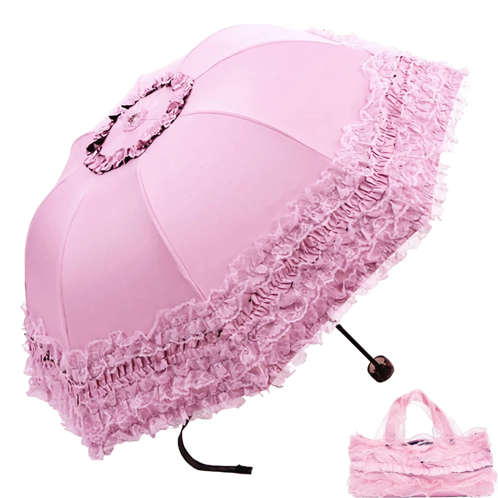 Pink Lace Parasol UV Protection Sun Travel Umbrella for Gothic Lolita Kawaii ...