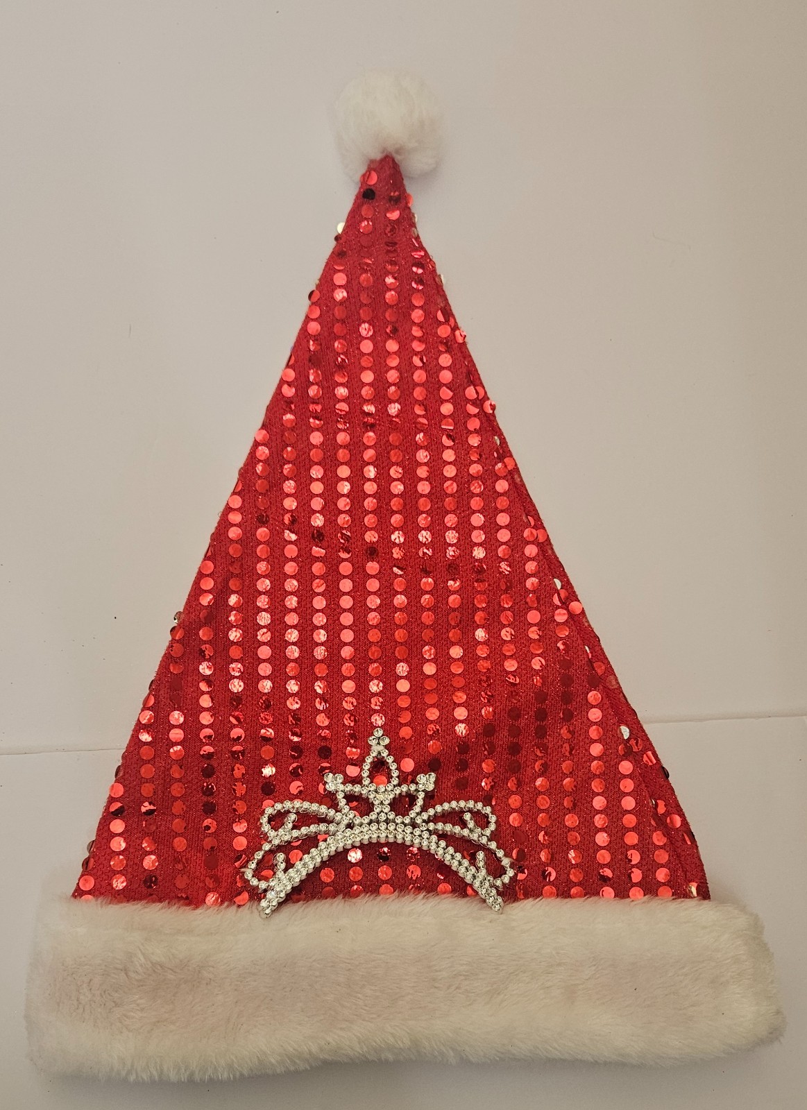 Red Sequin Santa Hat with White Plush Cuff & Rhinestone Tiara New