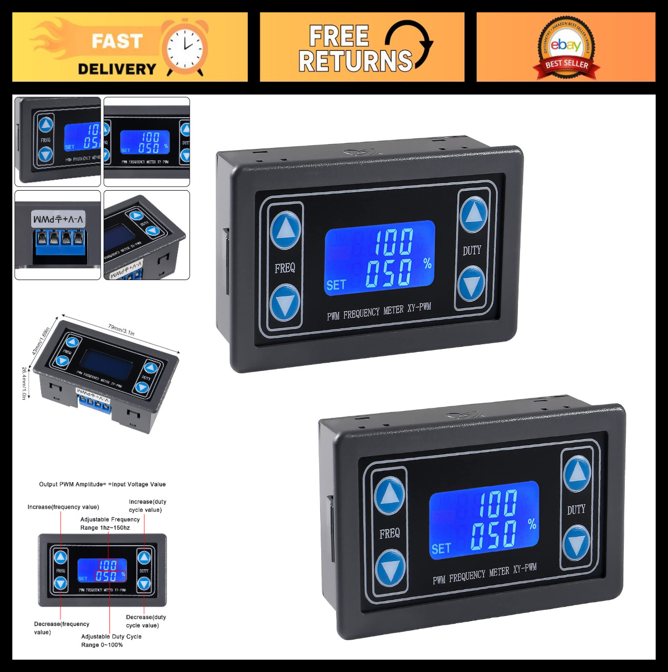 2pcs PWM Signal Generator Module DC 3.3-30V LCD Display, Pulse Frequency & Duty