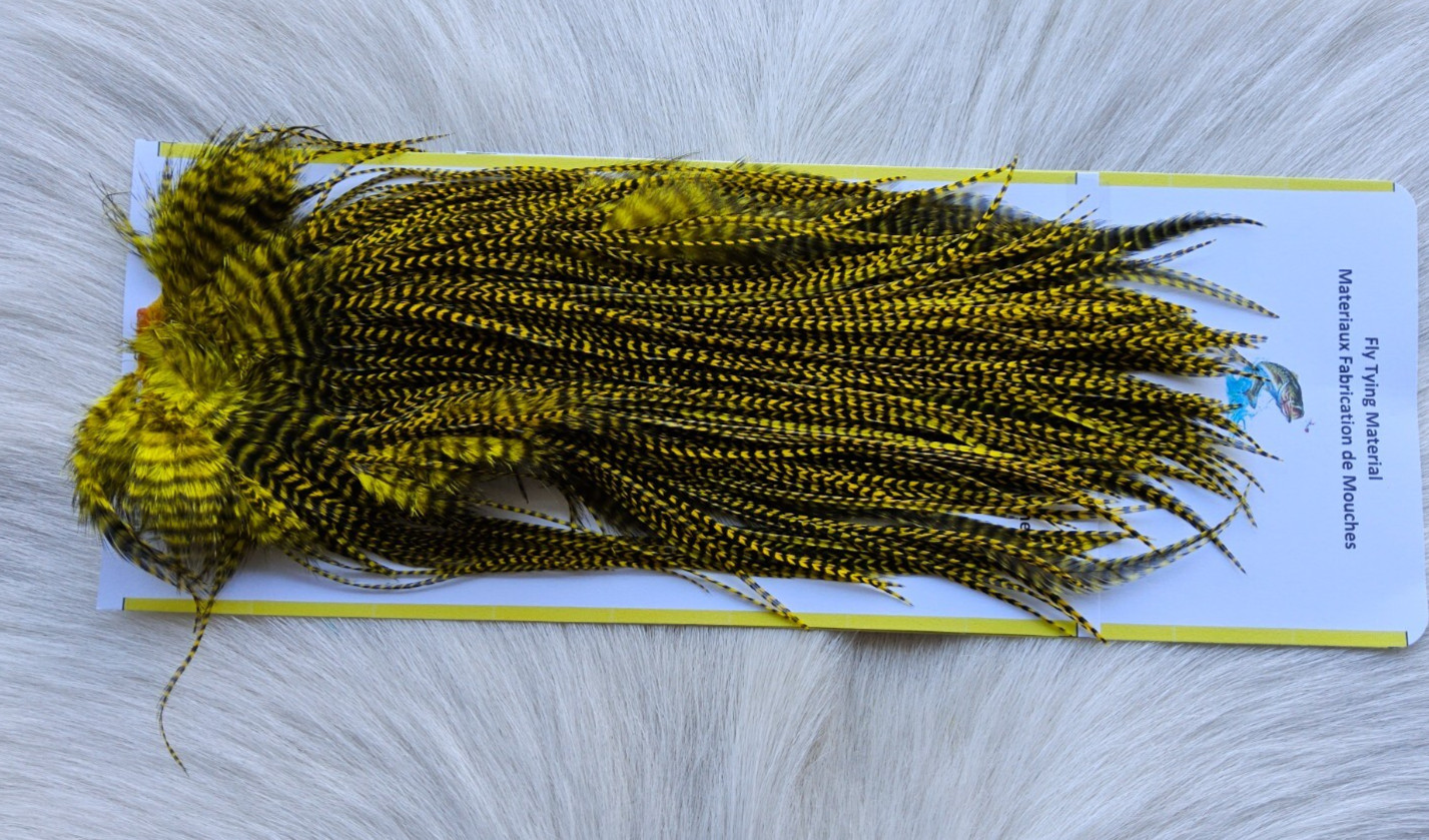 Saddle Hackle. SLS; Rooster Saddle,, Color; Grizzly/Yellow.. Free Shipping.