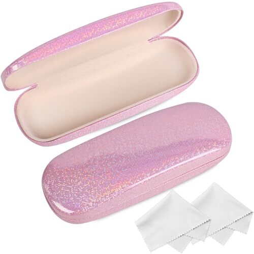 Glasses Case, 2 Pack Eyeglass Case with Cleaning Cloth, Glasses Bright Pink