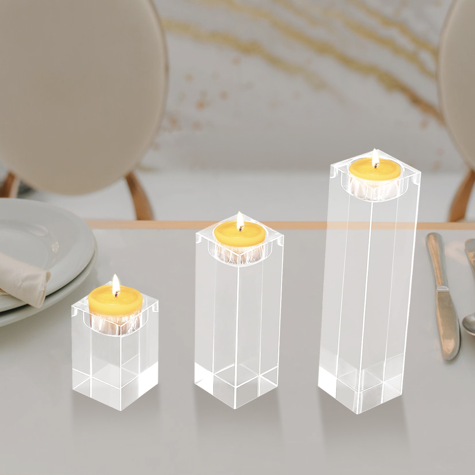 3Pcs Crystal Candle Holders Square Home Decor Centerpiece Tealight Holder Set