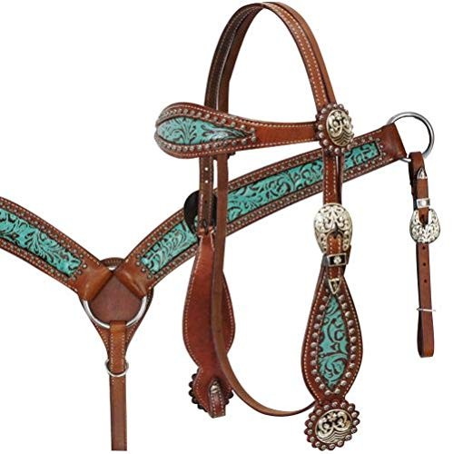 Showman Teal & Brown Filigree Headstall & Breast Collar Set w/ Reins