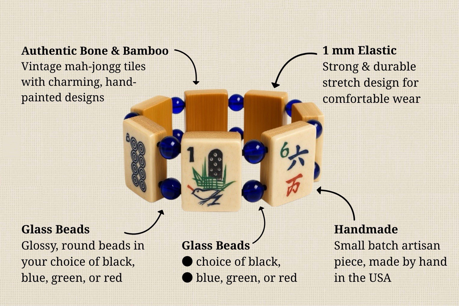 Vintage Bone & Bamboo Tile Mah Jongg Bracelet