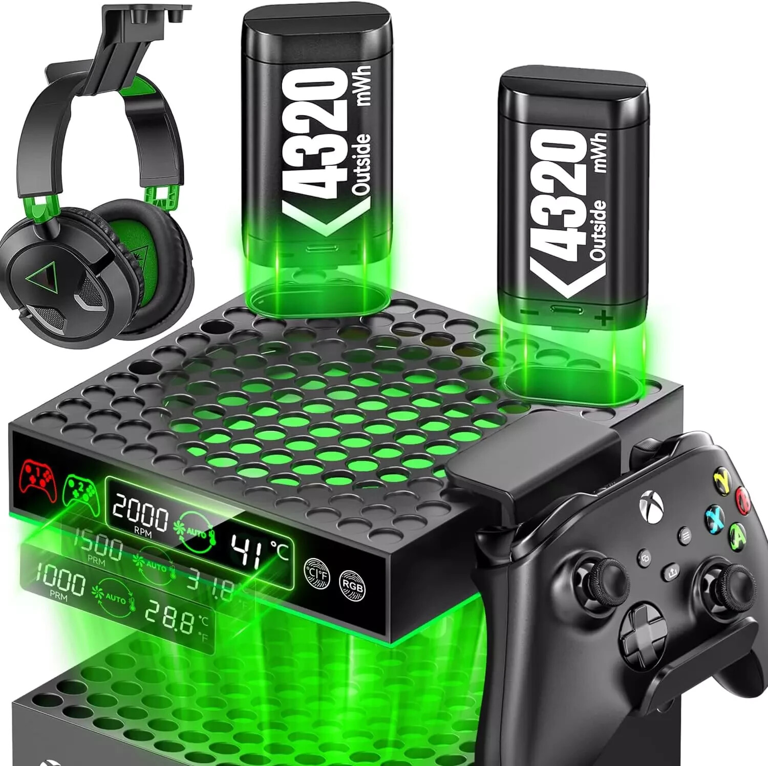 AUTO Cooling Fan for Xbox Series X/S Console with 2 Packs 4320mWh Rechargeable