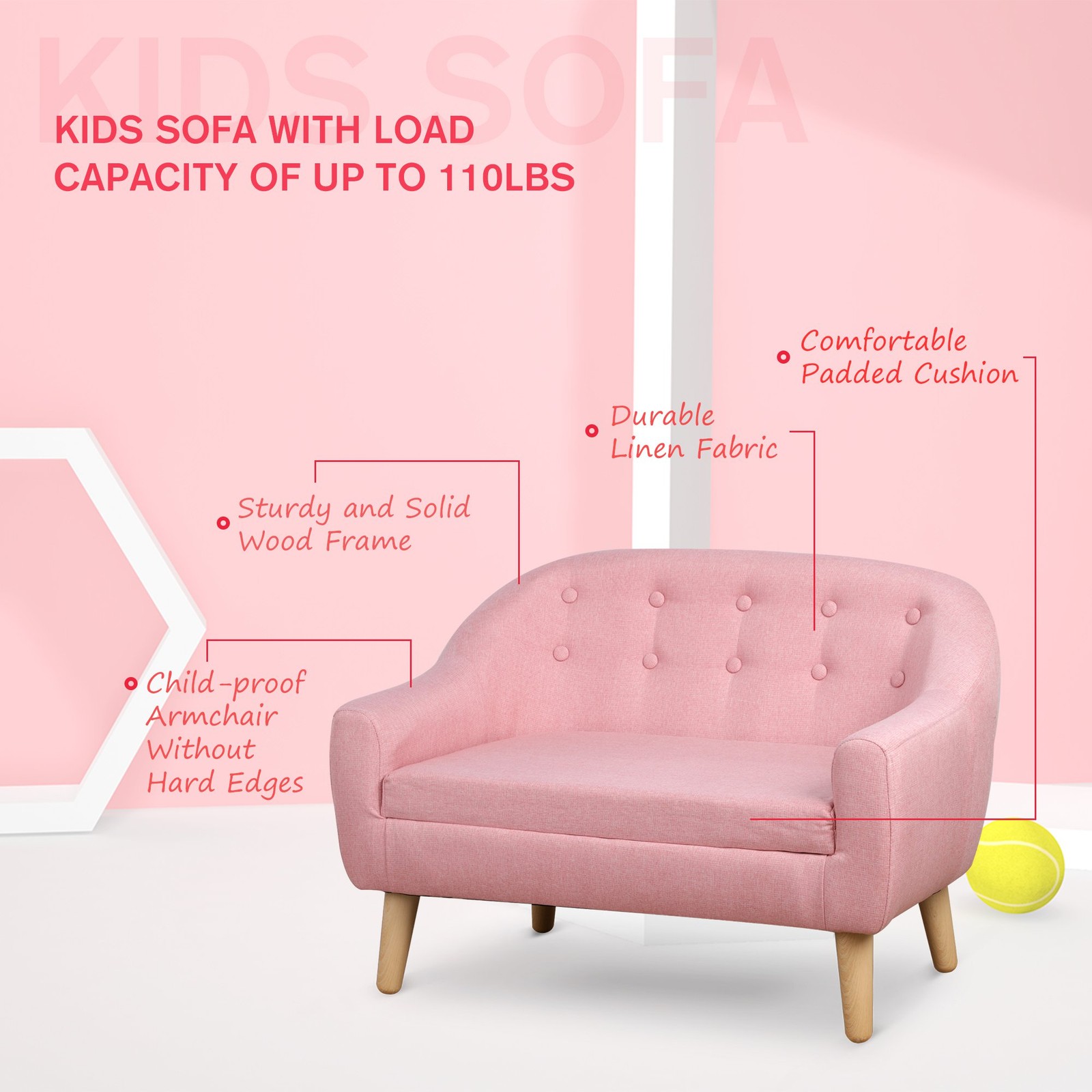 2-Seat Kids Sofa Chair Upholstered Couch Linen Fabric for Toddlers Ages 3-6 Year