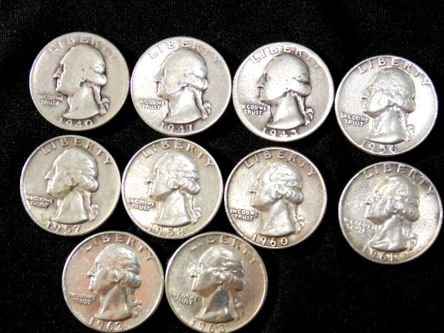 Lot of 10 - Washington Silver Quarters Circulated -  1940-1963 - P&D   A83