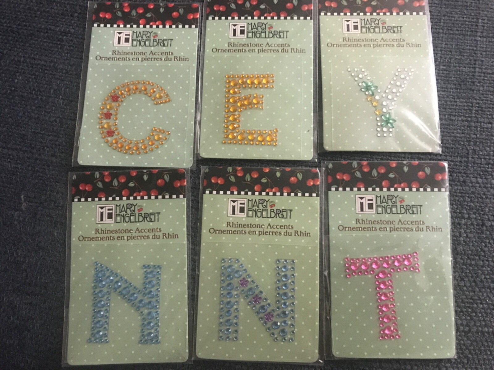 New Jersey Mary Engelbreit rhinestone accents letters  1.5” choose C-E-Y-N-N-T