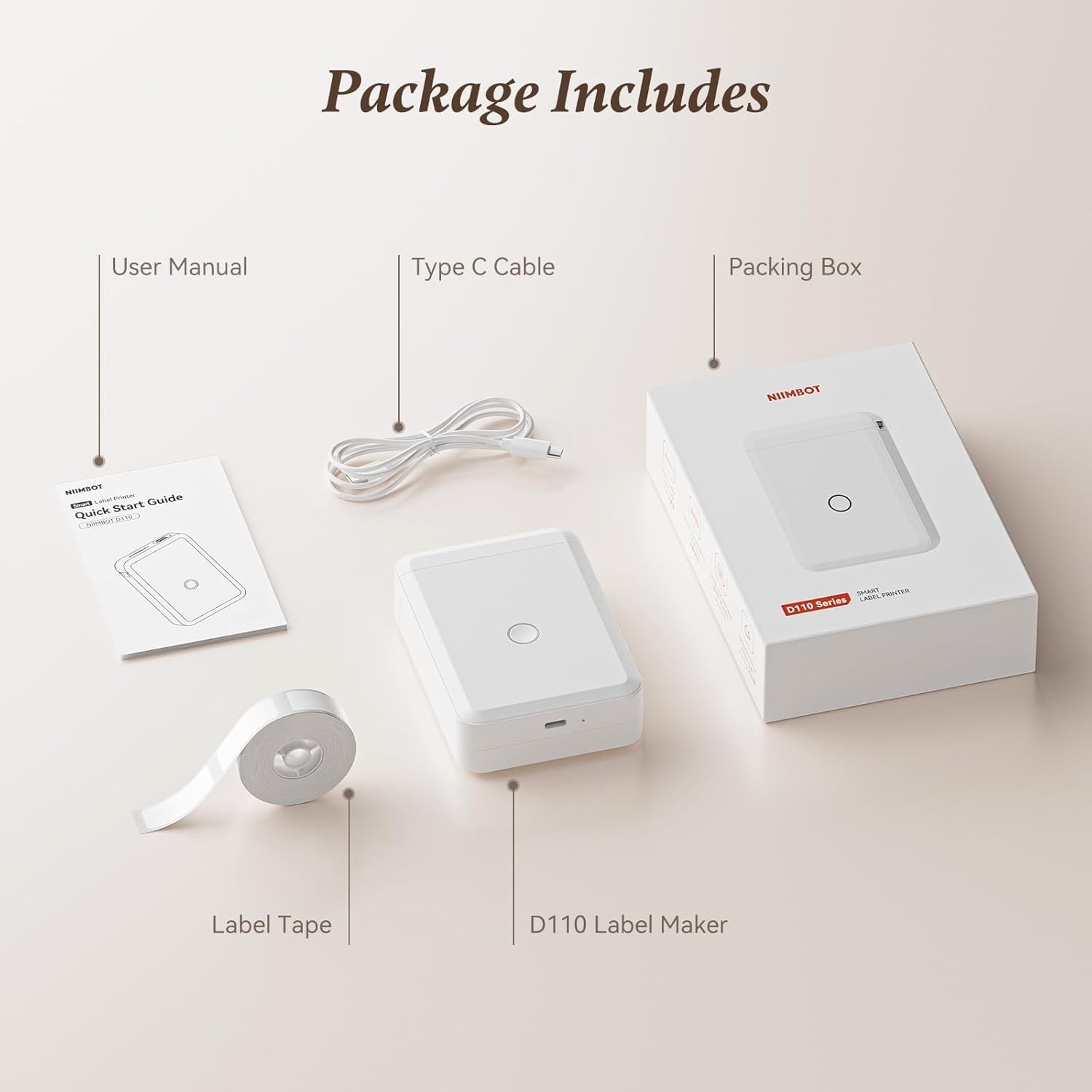 D110 Bluetooth Thermal Label Maker Machine with Tape Portable White