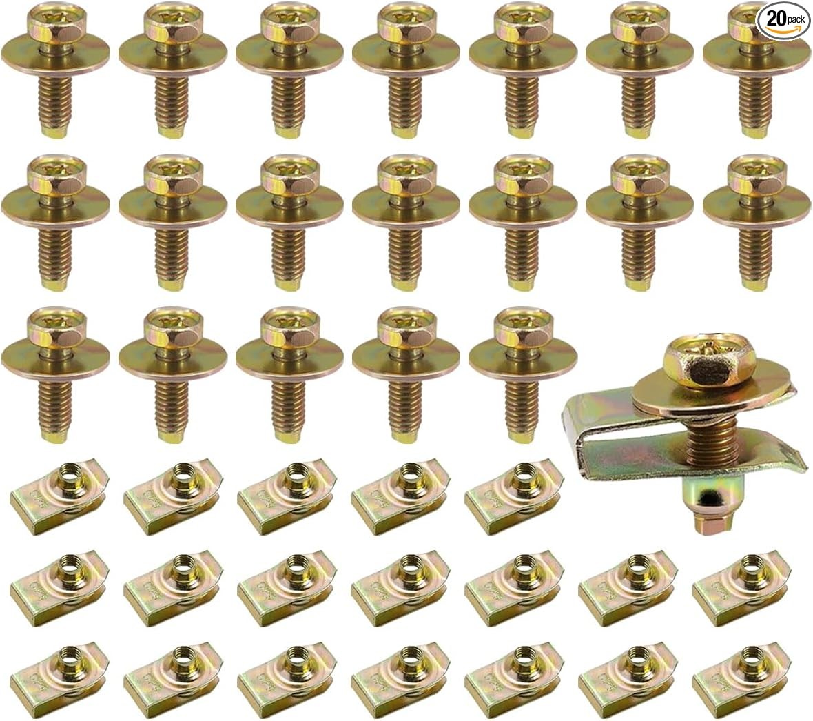 M6-1.0 Car Body Bolts & Extruded U Nuts Kits, Metal Push Retainer Fastener 40PCS
