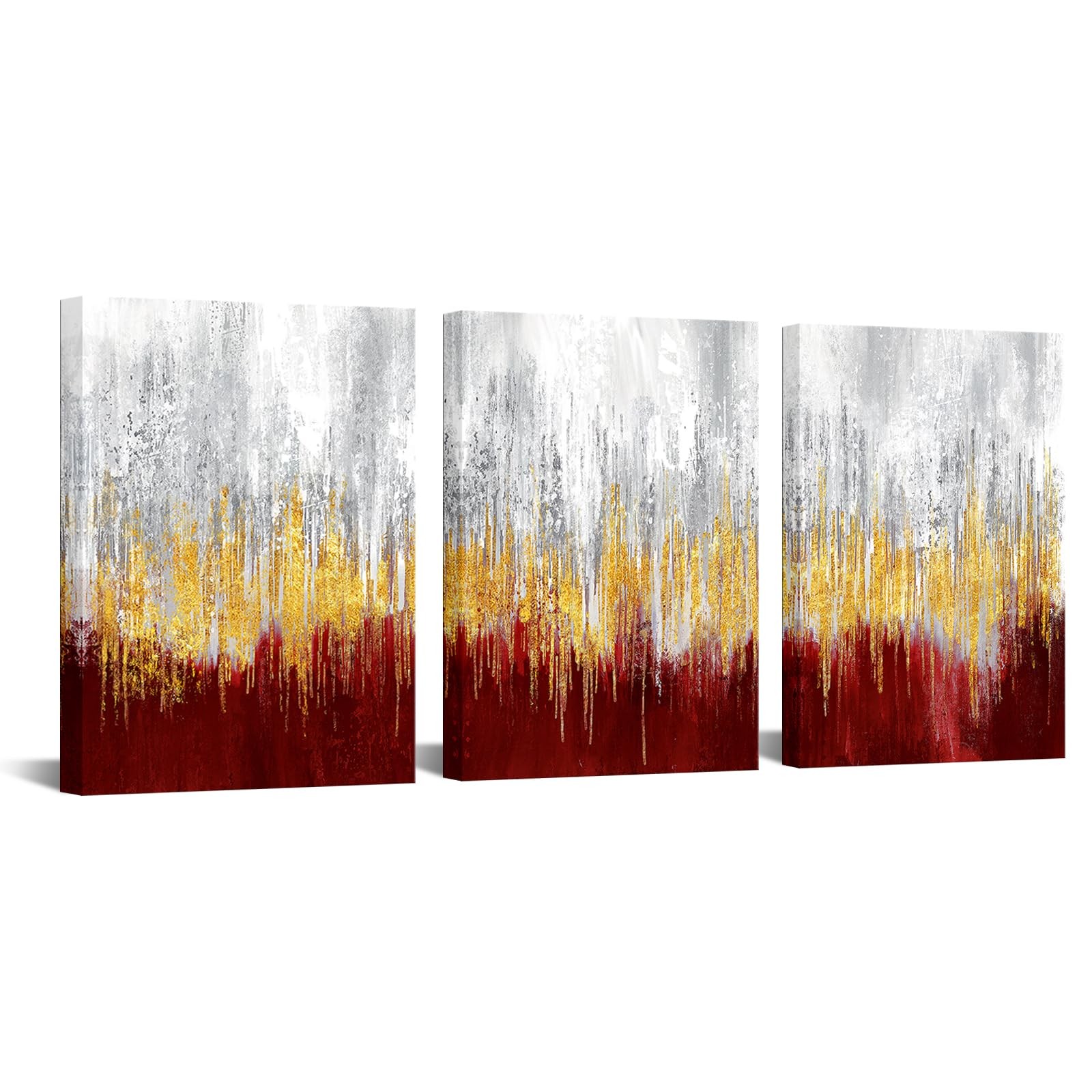 iKNOW FOTO 3 Pieces Dark Red and Gold Abstract Canvas 12x16inchx3pcs,