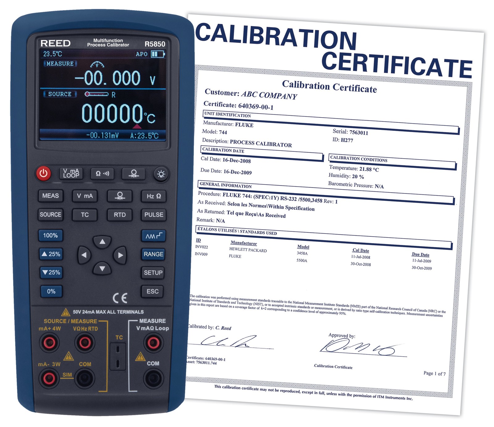 REED Instruments R5850-NIST Multifunction Process Calibrator, with calibration