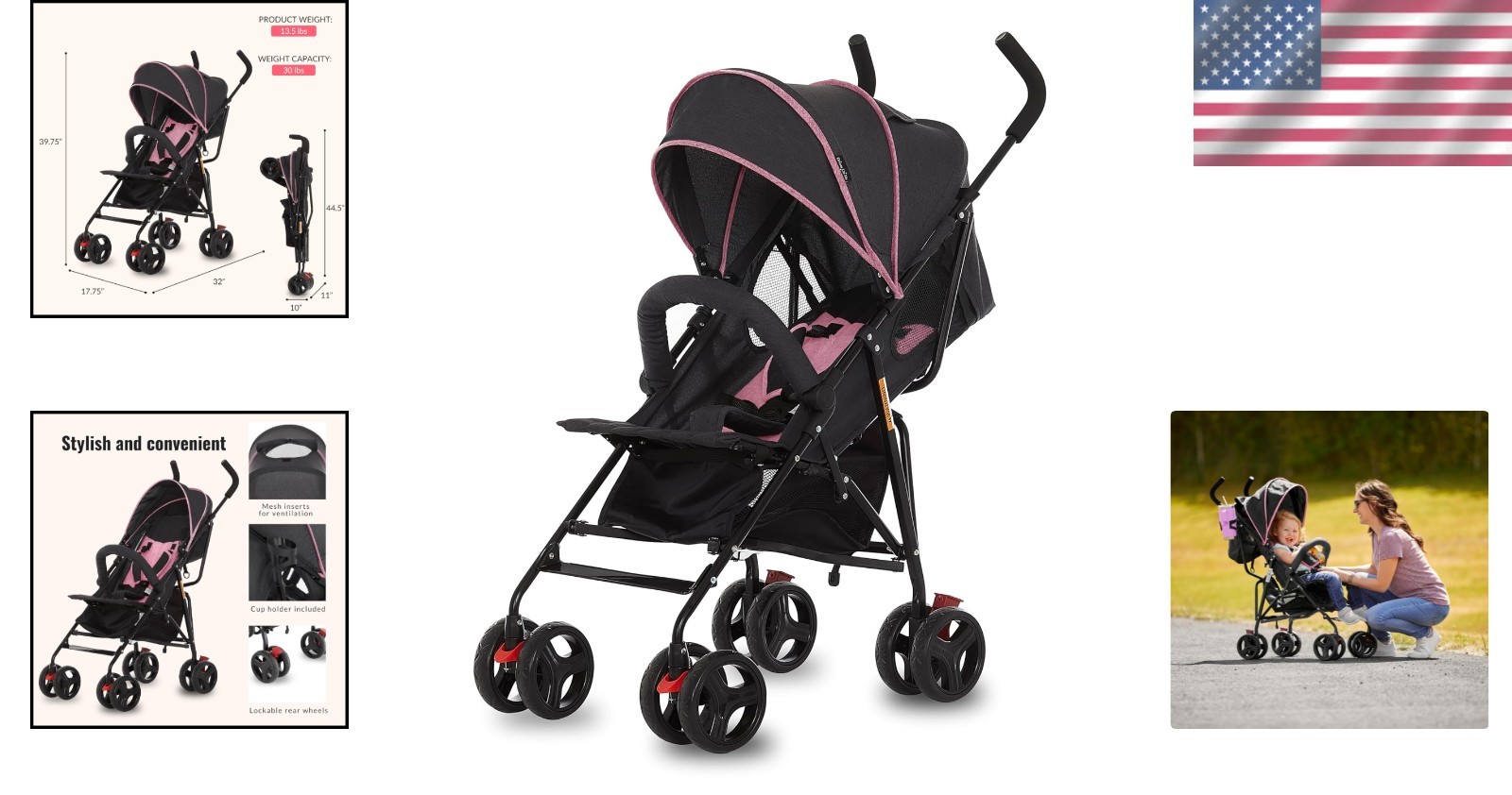 Multi-Position Reclining Umbrella Stroller with 10-Inch Back Wheels and Canopy
