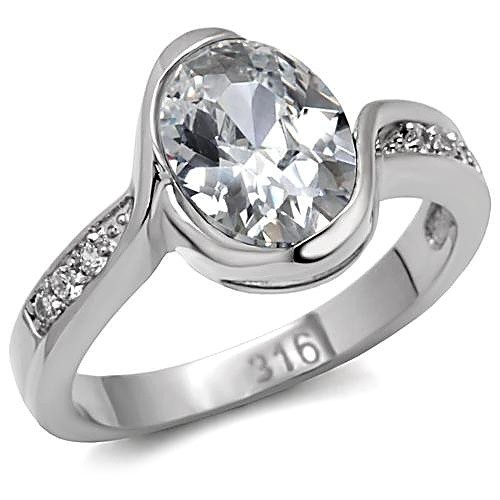 Women's Ring, Clear CZ, Stainless Steel, Oval CZ, Bypass Ring