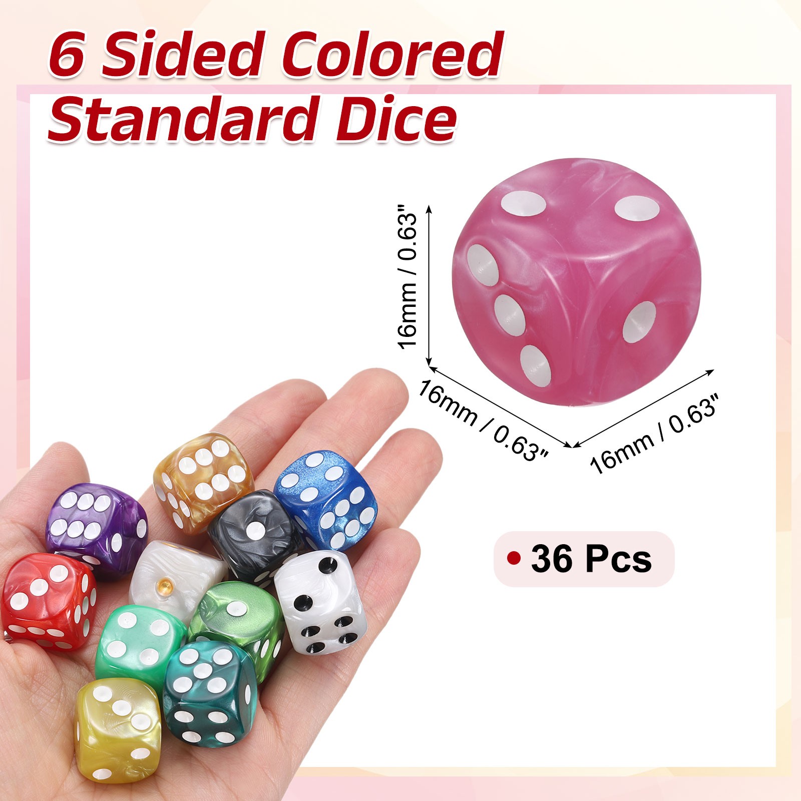 36Pcs 6 Sided Colored Standard Dice, Acrylic D6 Pearl Pattern Dice, Pink
