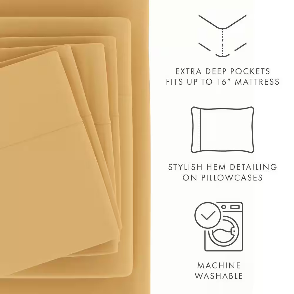 6-Piece Gold Solid Microfiber King Sheet Set Free Shipping New