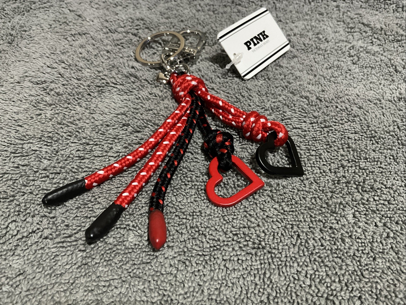Victoria's Secret Pink Bungee Heart Red/Black/Silver Keychain Charm Super Cute!!