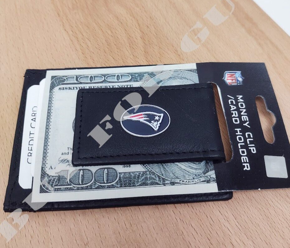 New England Patriots Black Leather Money Clip Wallet - Magnetic Mens NFL Wallet