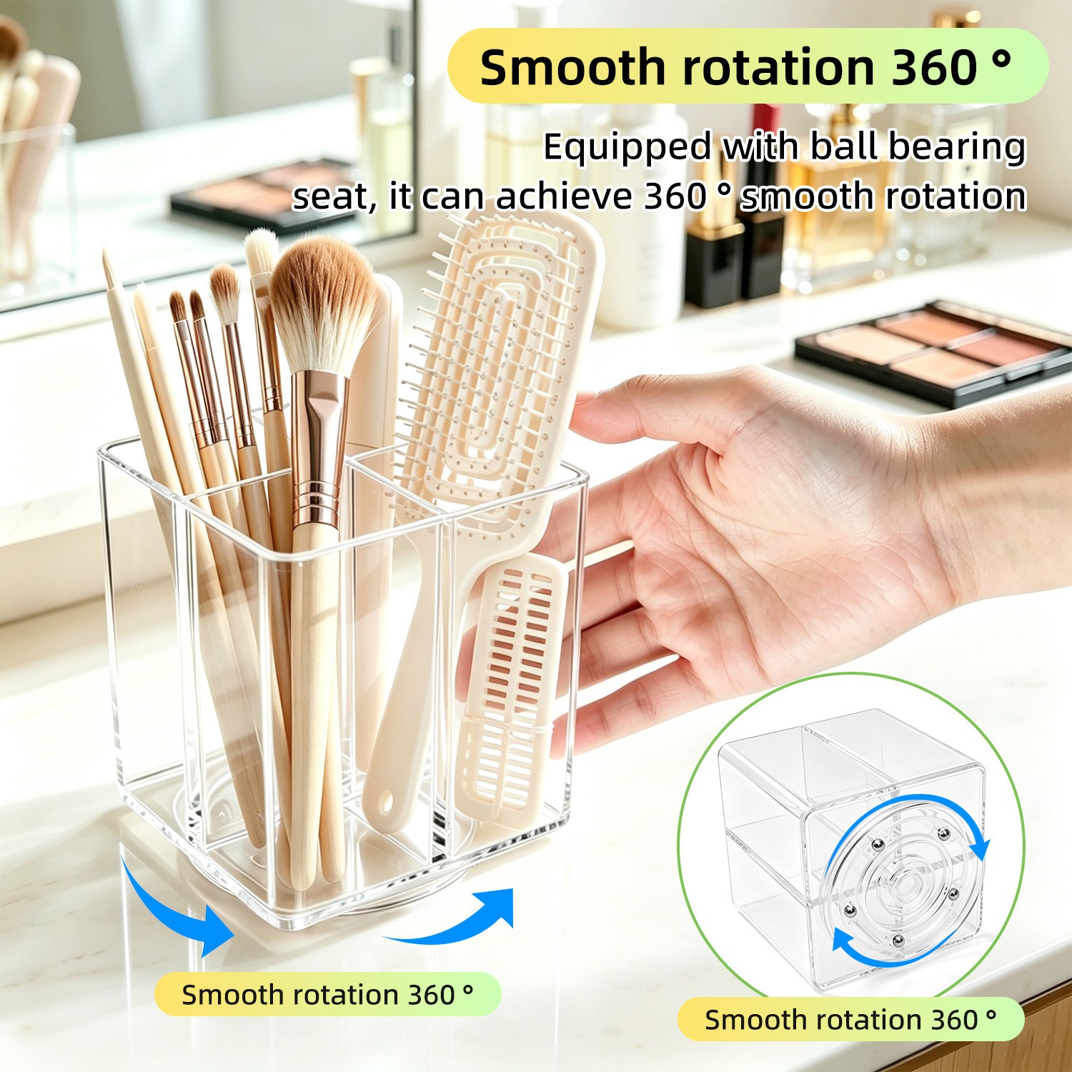 360° Rotating Clear Acrylic 4-Compartment Organizer for Cosmetics & Brushes