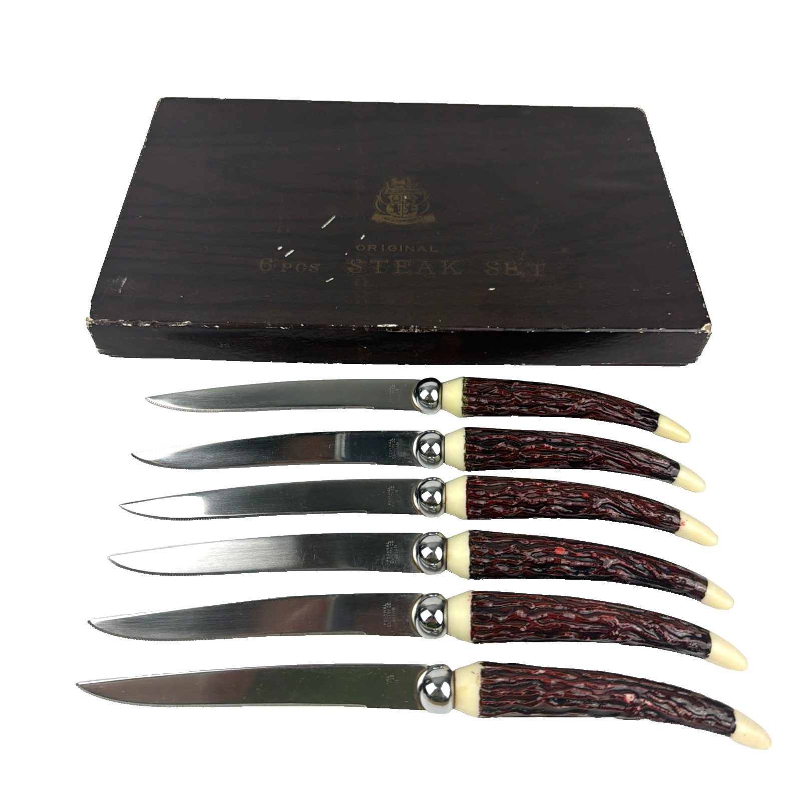 VTG Del Coronado Steak Knife Set Faux Stag Horn Federal Cutlery Japan 6pc w/ BOX