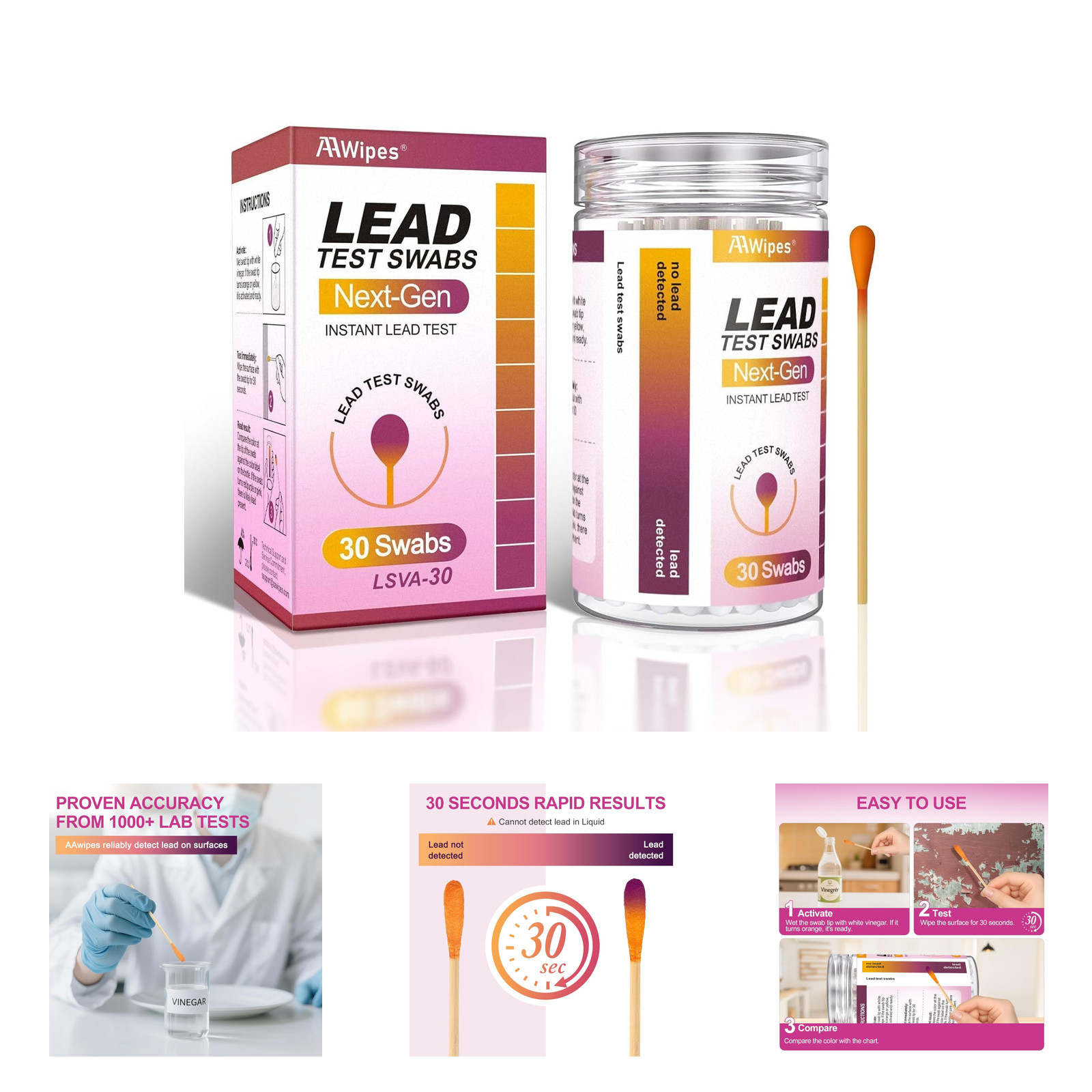 Lead Test Kit with 30 Swabs, Enhanced Lead Detection Formulation, Home Test for