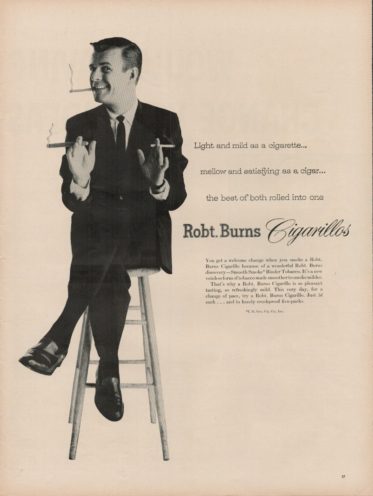 1958 Robt. Burns Cigarillos Cigars Tobacco Vintage Print Ad Cigarettes Smoke USA