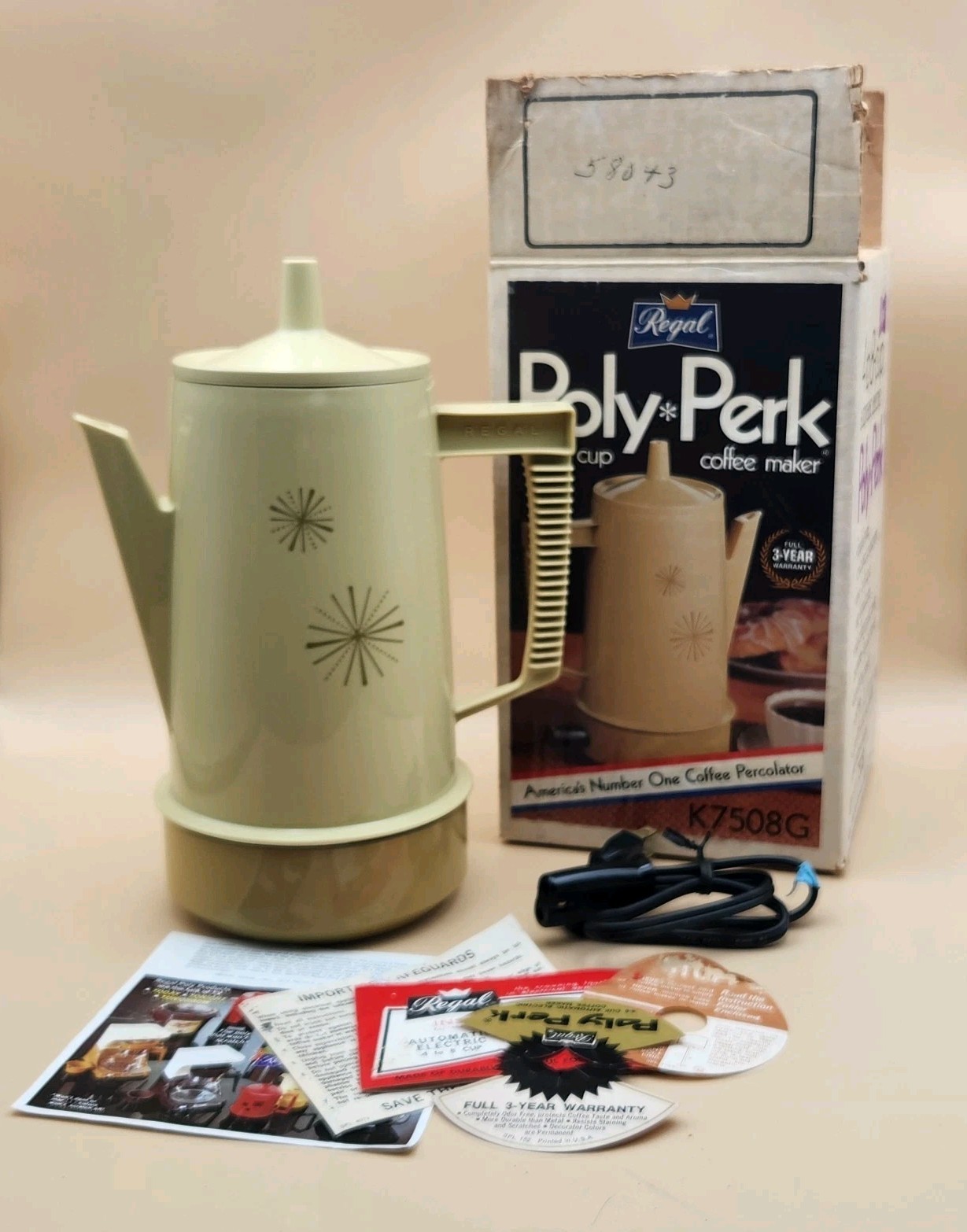 Vintage Regal Poly Perk Coffee Maker Percolator Harvest Gold K7508 in Box