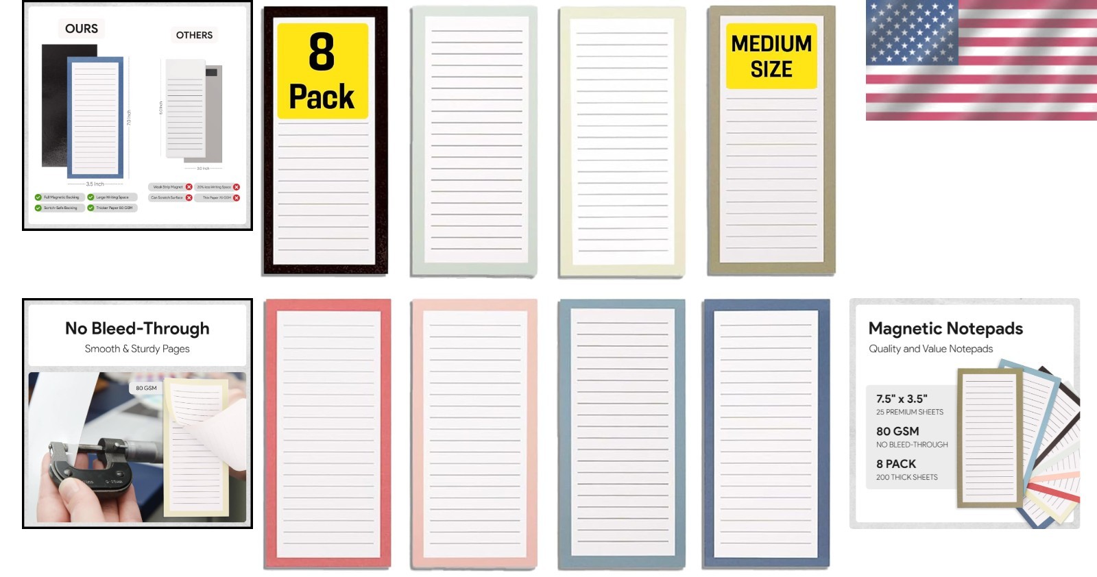 Strong Magnetic Notepads - 8 Solid Pattern Memo Pads, Perfect for Shopping Lists