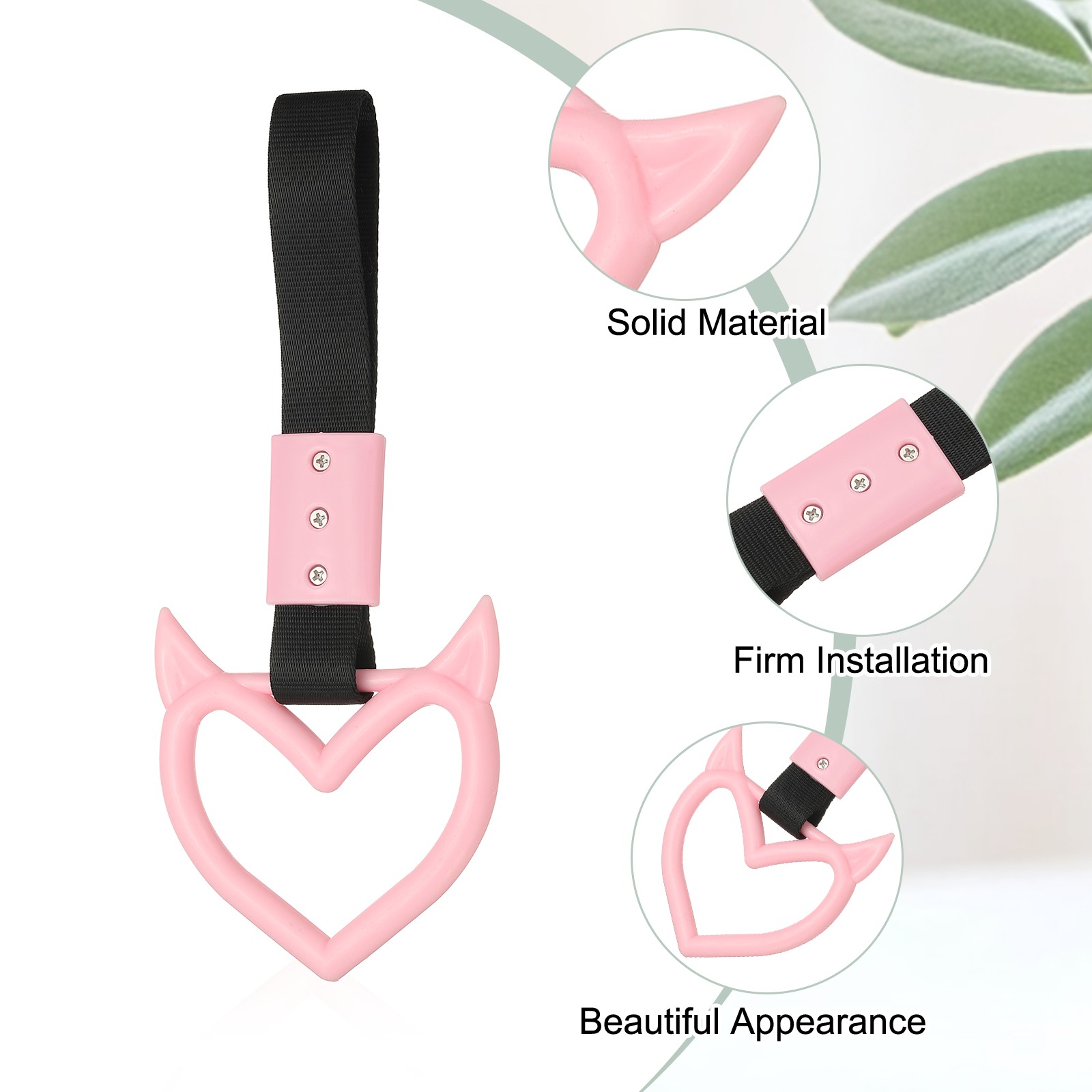 2 Pcs Evil Heart Shaped Car Handle Straps, Pink (Black Strap)