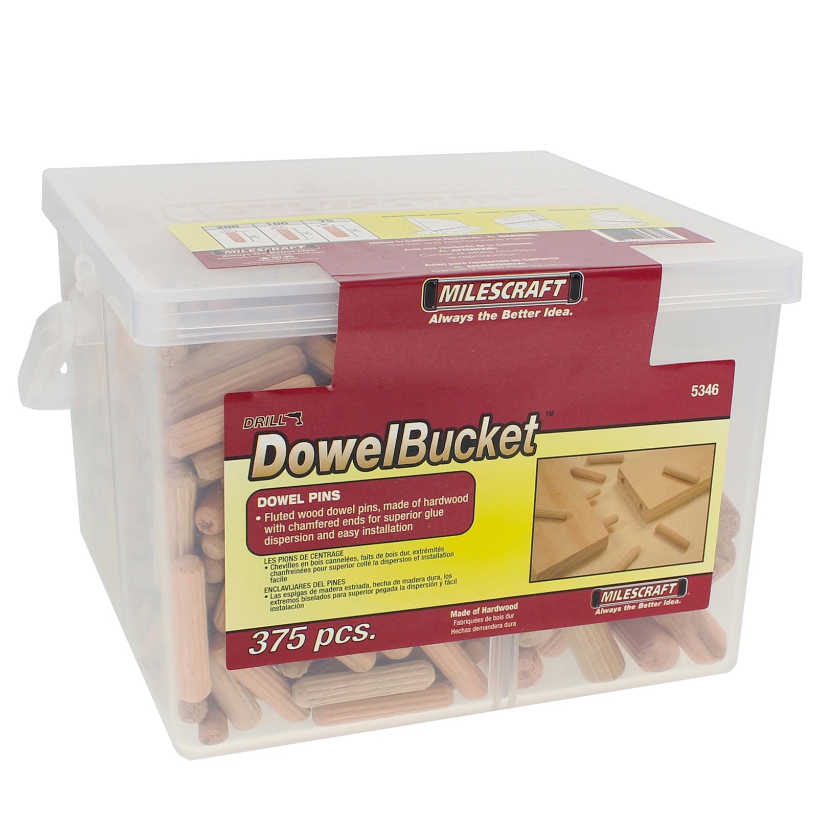 5346 Wooden Dowel Bucket - 375 pcs Total - 1/4”, 5/16” & 3/8”