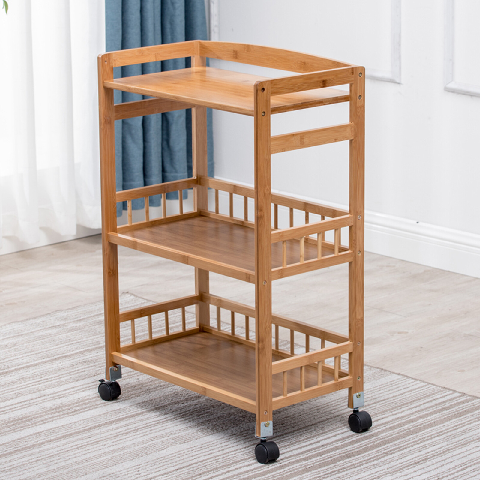 Kitchen Mobile Rolling Serving Cart Storage 3 Tiers Standing Wood Color