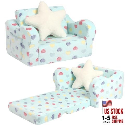 Toddler Couch, 2-in-1 Kids Soft Couch Fold Out with Star Pillow, Medium Lake