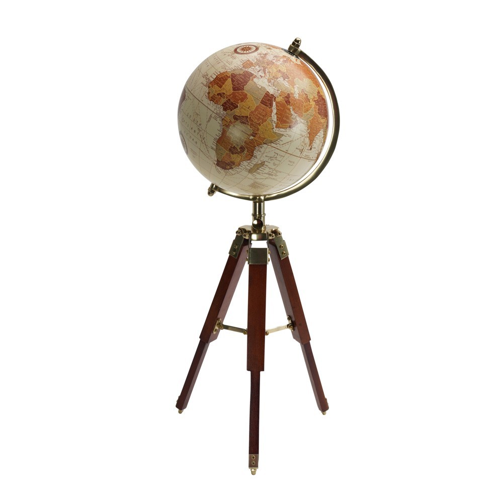 Cream and Brown Globe Decor on Wooden Tripod Stand, 23″ Globe Map Decor Accent