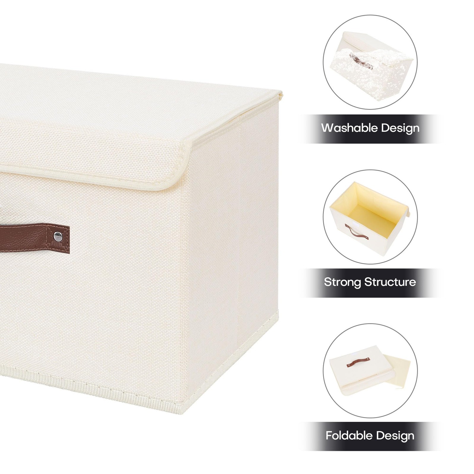 Foldable Storage Bin with Lid, PU Leather Handles, Beige, Large