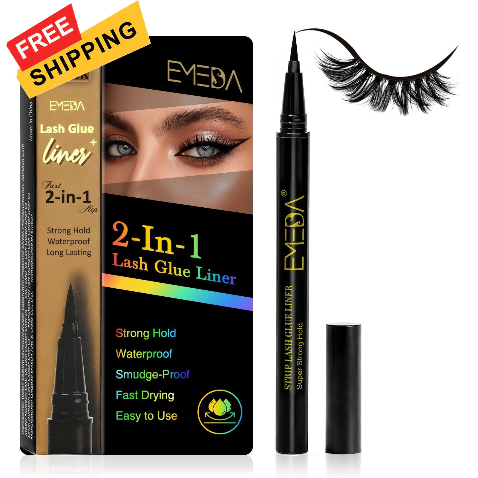 Strip Eyelash Glue Eyeliner Waterproof - 2-in-1 A-1Pcs Lash Liner, Black