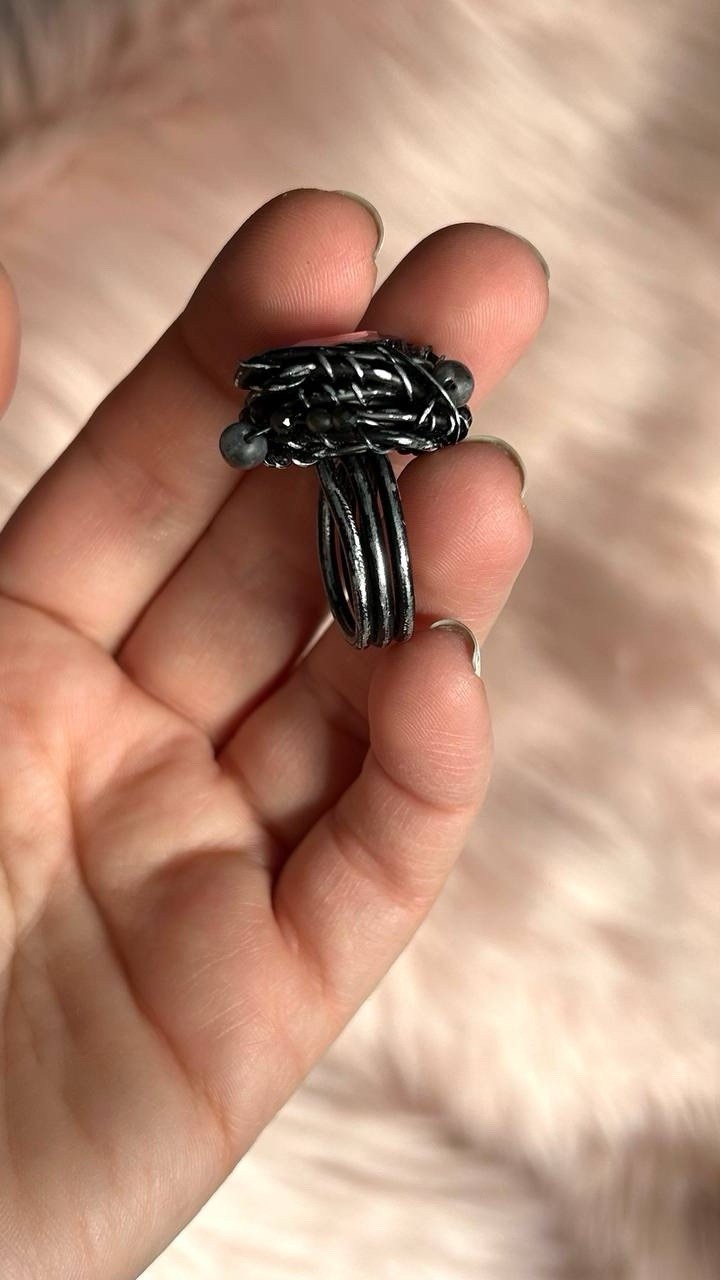Handcrafted Statement Ring Black Wire Wrapped size 8