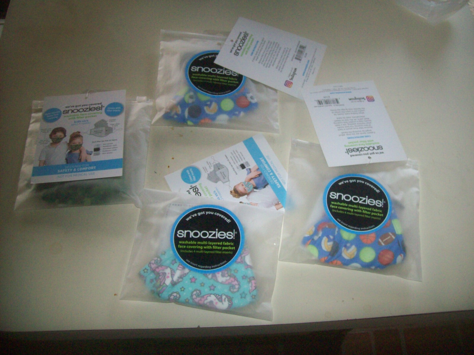 4 Snoozies Washable Face Covering 3 colors Kids ages 2-4 XS/S New Old Stock