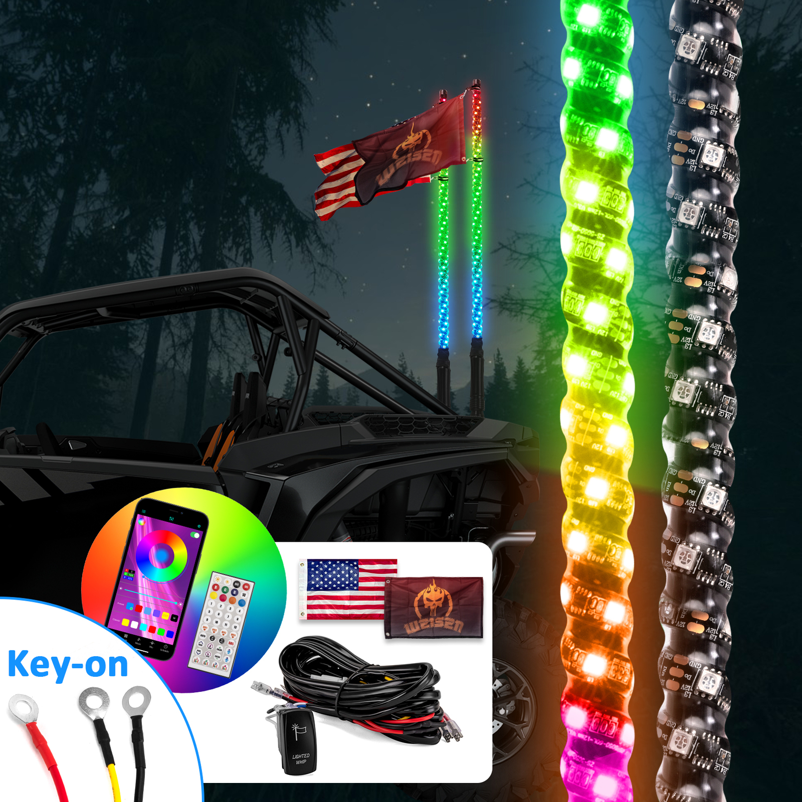 Key-on Design Whip Wire+4FT RGB Spiral Whip Lights For Polaris Ranger 570 XP 900