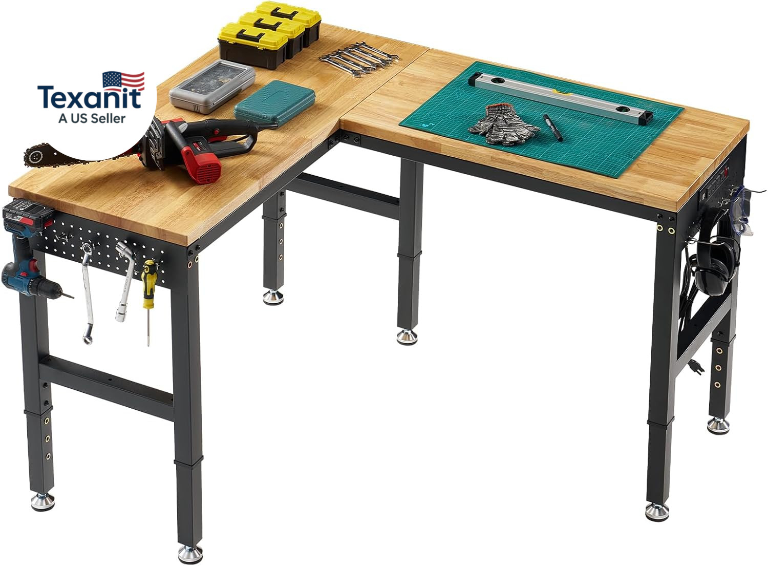 56"X48" L-Shaped Workbench with Power Strip, Adjustable Height Heavy Duty Work T