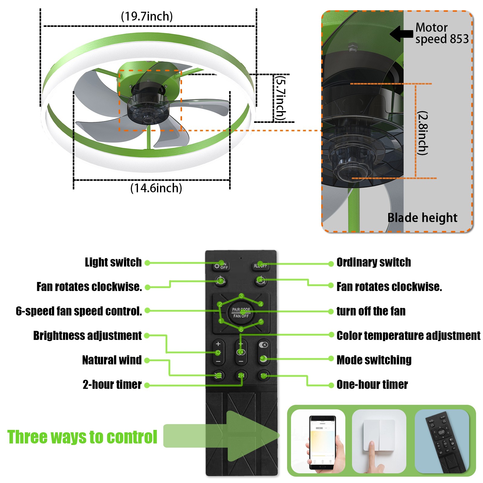 20'' Modern Green Ceiling Fan with LED Light Remote APP Control Flush Mount Kit