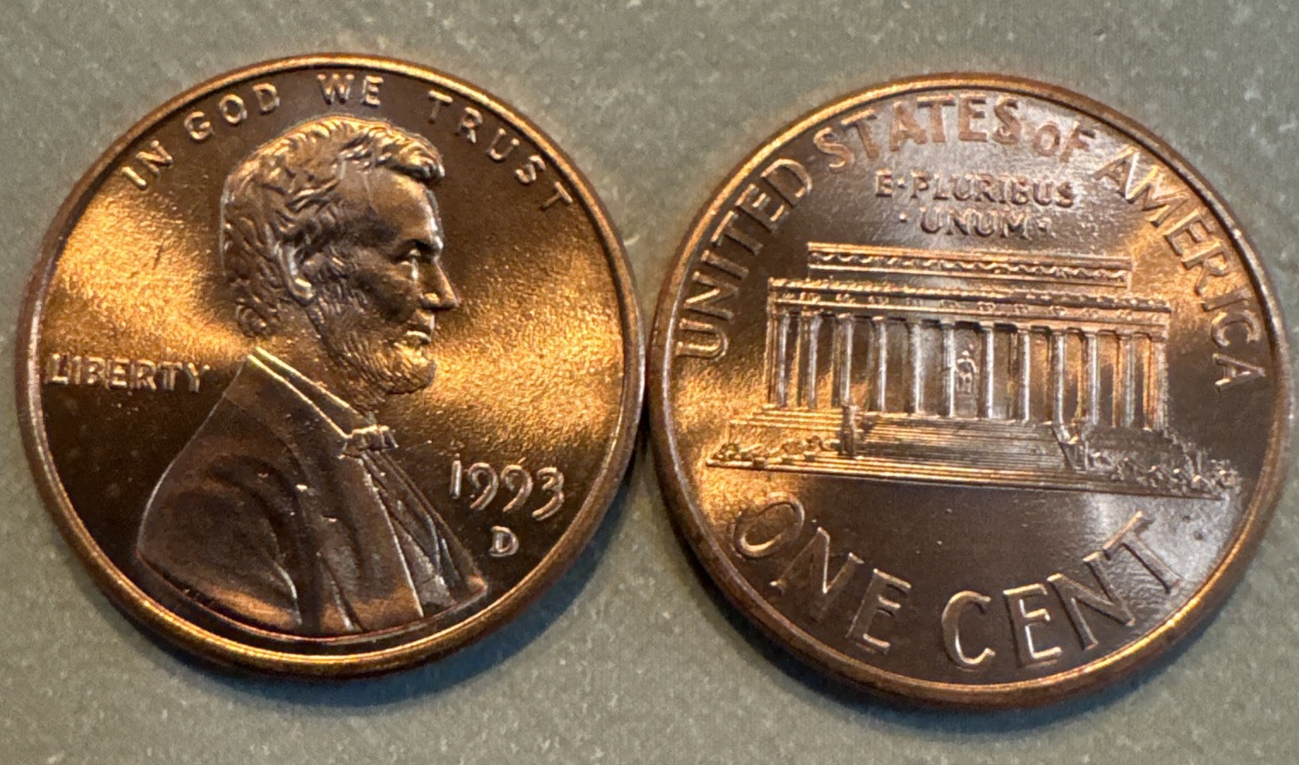 1993 D Denver Lincoln Memorial Penny Brilliant Uncirculated (BU),     PC4